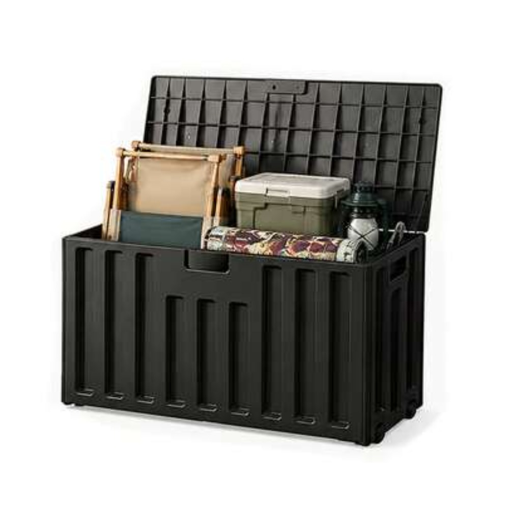 Outdoor Camping Decke - 大容量屋外収納コンテナ レジン製デッキボックス ブラックウッド柄 防水・UV耐性 パティオクッション、ガーデンツール、スポーツ用品、キャンプギアに最適 裏庭、ポーチ、バルコニーの整理に最適