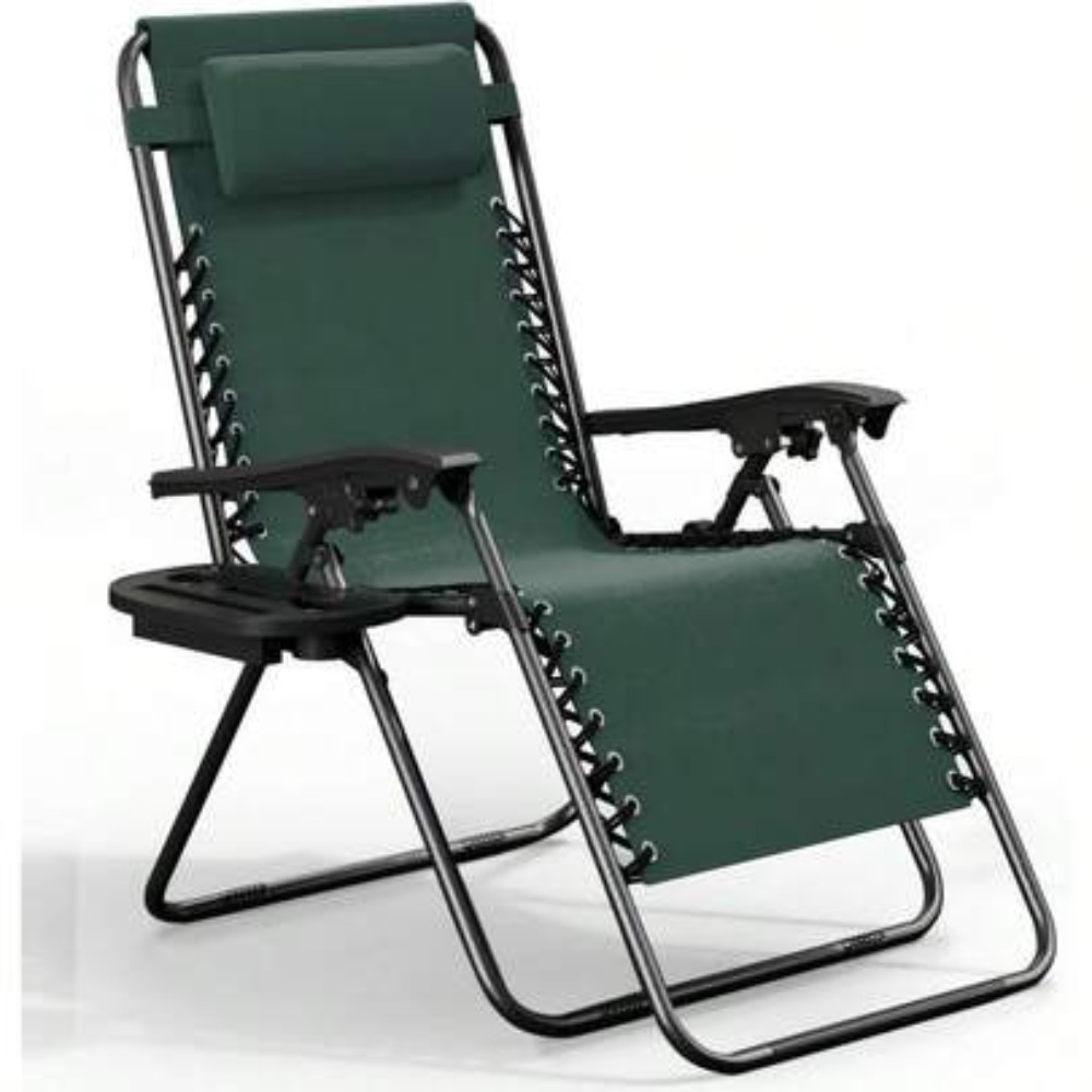 Outdoor Camping Decke - 調節可能な折りたたみ式アウトドアラウンジチェア、枕とカップホルダートレイ付き、ビーチ、プール、デッキ、キャンプに最適なポータブルスチール製パティオ芝生チェア、フォレストグリーン、1脚入り、頑丈なサポート、人間工学に基づいたリクライニングポジション