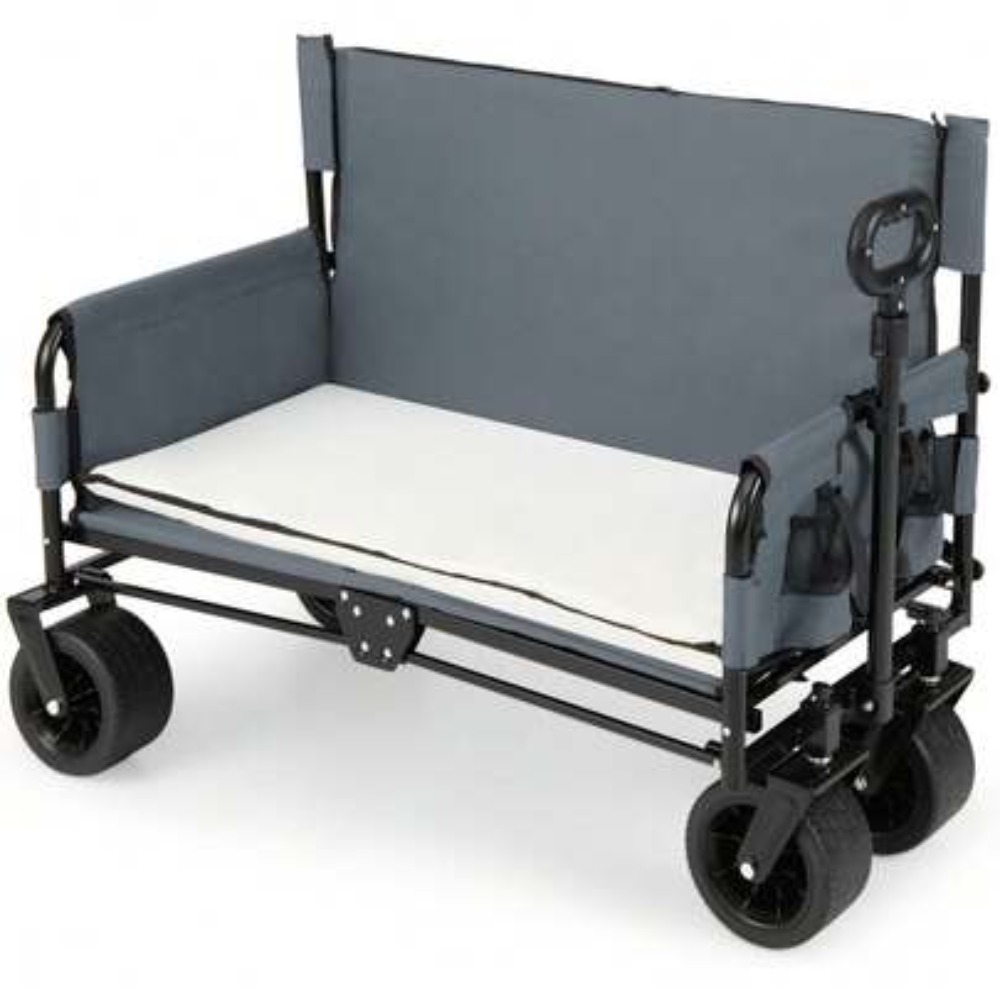 Outdoor Camping Wagon - 2-in-1折りたたみ式ワゴン（ベンチシート付き）、頑丈な折りたたみ式ビーチカート、調整可能なプッシュプルハンドル、ソフトクッション、全地形対応ホイール、キャンプ・スポーツ・ガーデニング用アウトドアユーティリティカート、耐荷重330ポンド