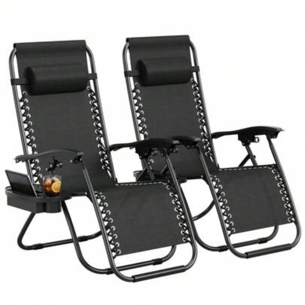 Outdoor Camping Decke - 無重力チェア2脚セット、ポータブルパティオラウンジチェア（枕とカップホルダートレイ付き）、調節可能なリクライニング折りたたみ式キャンプチェア、屋外デッキ、ビーチ、庭、ガーデン用、頑丈な作り。