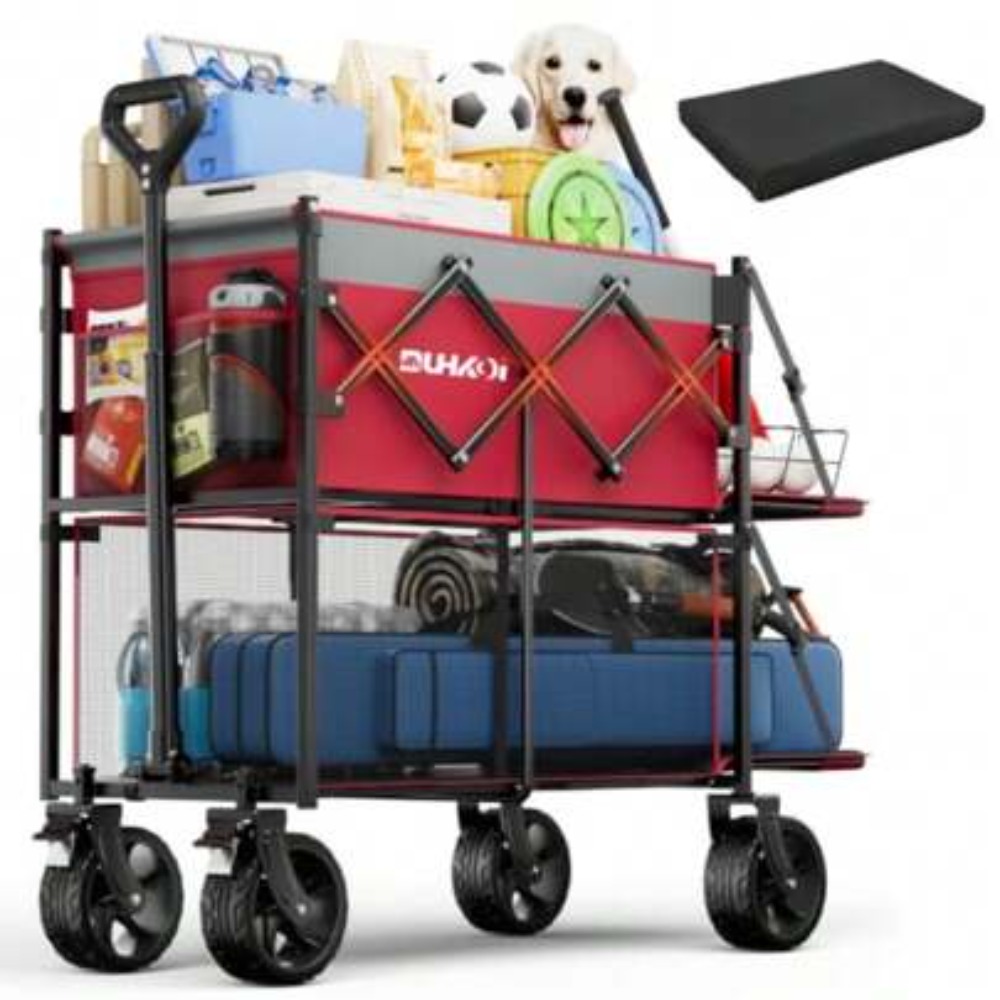 Outdoor Camping Wagon - 2段折りたたみ式ワゴンカート、全地形対応ホイールとブレーキ付き、キャンプ用品、スポーツ用品、食料品、ショッピング、ガーデニング、アウトドア用途に適した頑丈な折りたたみ式ユーティリティワゴン、大容量2段式ローリングカート