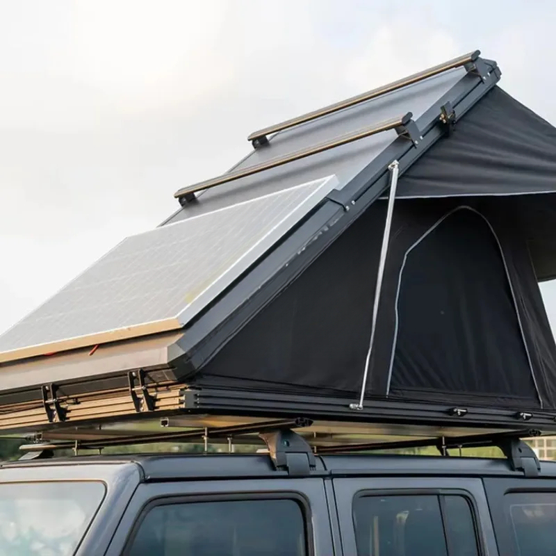Outdoor Camping Gazebo - 高品質3-4人用三角形アルミハードシェルルーフトップテント（ソーラーパネル付き）アウトドアキャンプ用品