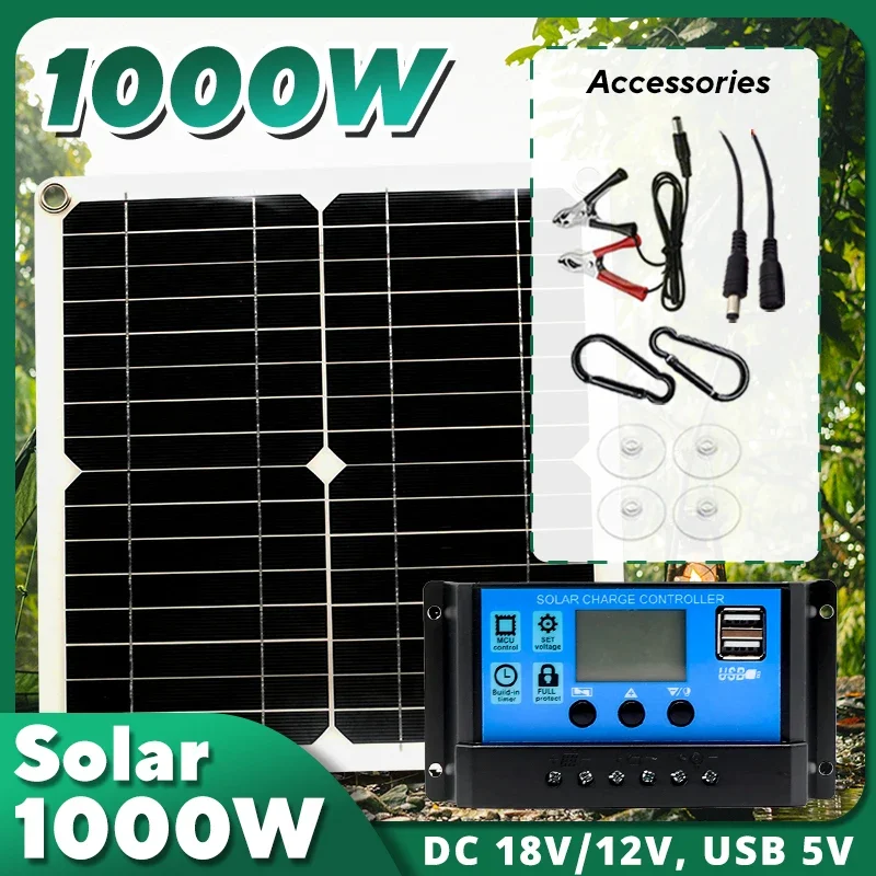 Outdoor Camping Van - 1000Wソーラーパネルキット、12Vソーラーセル10A‑100Aコントローラー、RV、キャラバン、家庭、キャンプ、携帯電話、バッテリー用ポータブルソーラーチャージャー