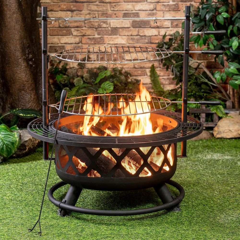 Outdoor Camping Decke - ポータブル33屋外焚き火台（グリルと回転式ロティサリー付き）- 耐久性のあるスチール製薪焚き火台、裏庭、デッキ、キャンプ、バーベキューに最適