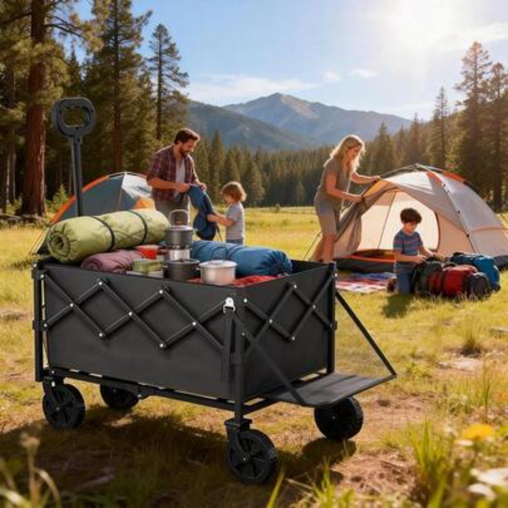 Outdoor Camping Wagon - 折りたたみ式テールゲート付きワゴン、耐荷重350ポンド、軽量で頑丈な折りたたみ式ユーティリティカート、ポータブルなアウトドアビーチガーデンキャンプ用食料品ワゴン、ブレーキ付き全地形対応ホイール、簡単に折りたたんで収納可能