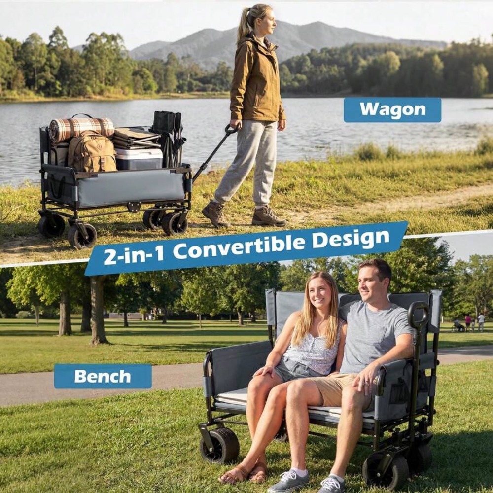 2-in-1折りたたみ式ワゴン（ベンチシート付き）、頑丈な折 - Outdoor Camping Wagon のレビューと価格