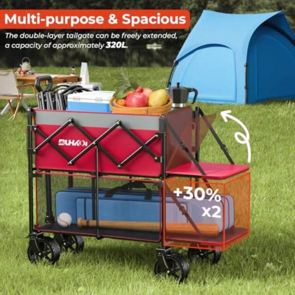 2段折りたたみ式ワゴンカート、全地形対応ホイールとブレーキ付 - Outdoor Camping Wagon のレビューと価格