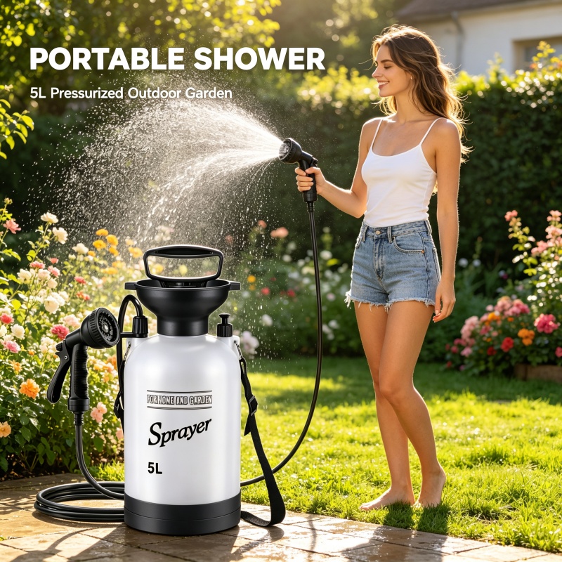5L携帯用キャンプシャワー手動圧力噴霧器、調整可能なノズル付 - Outdoor Camping Shower のレビューと価格