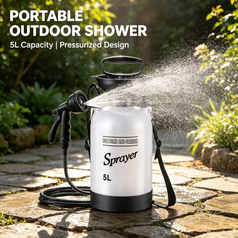 5L携帯用キャンプシャワー手動圧力噴霧器、調整可能なノズル付 - Outdoor Camping Shower のレビューと価格